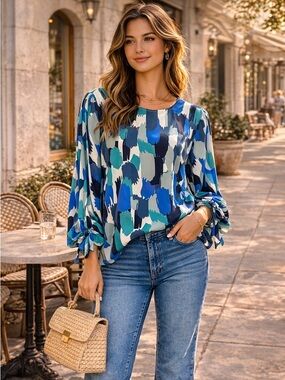 Michelle McDowell Abstract Brushstroke Blouse 💙 Blue Green Chic Effortless